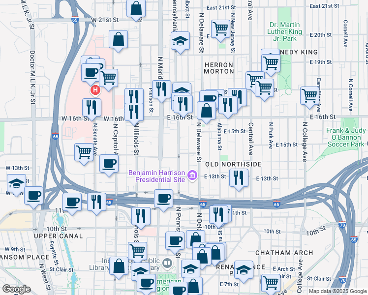 map of restaurants, bars, coffee shops, grocery stores, and more near 1415 North Pennsylvania Street in Indianapolis