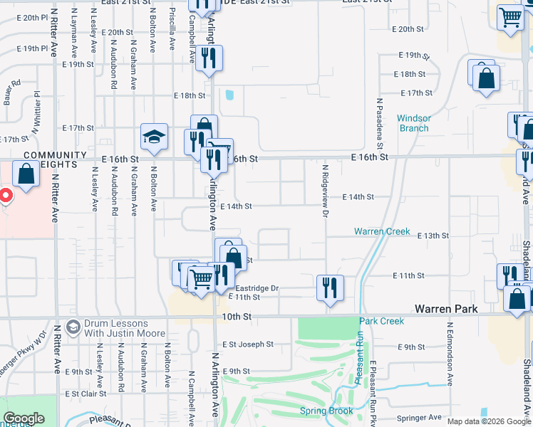 map of restaurants, bars, coffee shops, grocery stores, and more near 6136 East 13th Street in Indianapolis