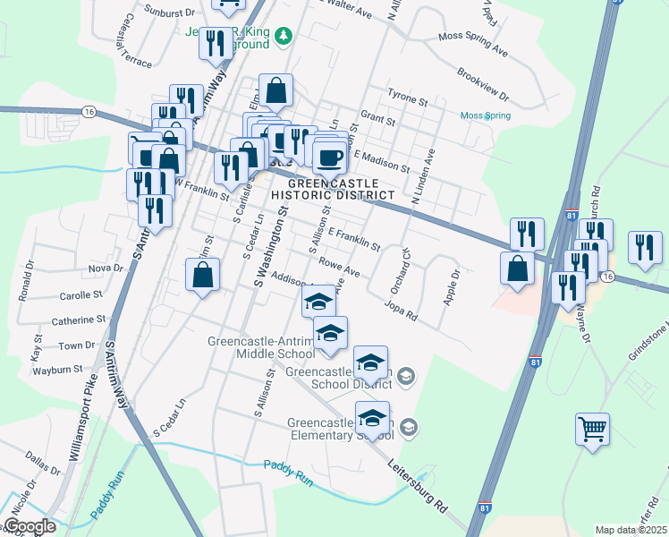 map of restaurants, bars, coffee shops, grocery stores, and more near 235 Rowe Avenue in Greencastle