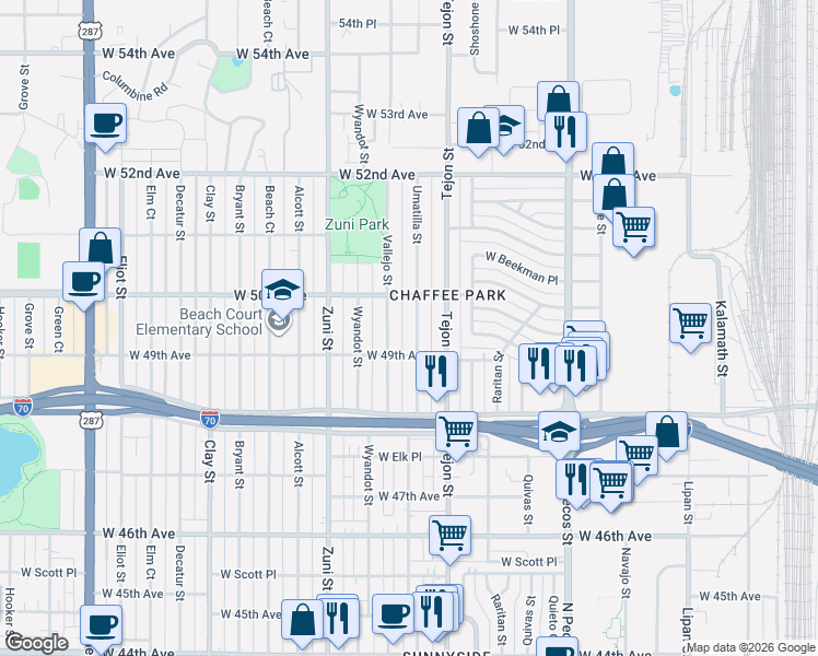 map of restaurants, bars, coffee shops, grocery stores, and more near 4920 Umatilla Street in Denver