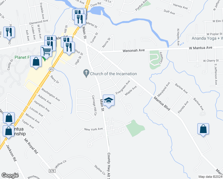 map of restaurants, bars, coffee shops, grocery stores, and more near 268 Evergreen Avenue in Mantua Township