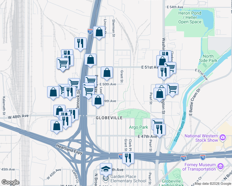 map of restaurants, bars, coffee shops, grocery stores, and more near 4907 Sherman Street in Denver