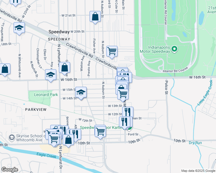 map of restaurants, bars, coffee shops, grocery stores, and more near 4966 West 15th Street in Indianapolis