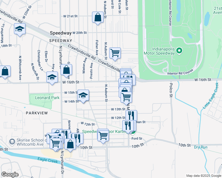 map of restaurants, bars, coffee shops, grocery stores, and more near 4966 West 15th Street in Indianapolis