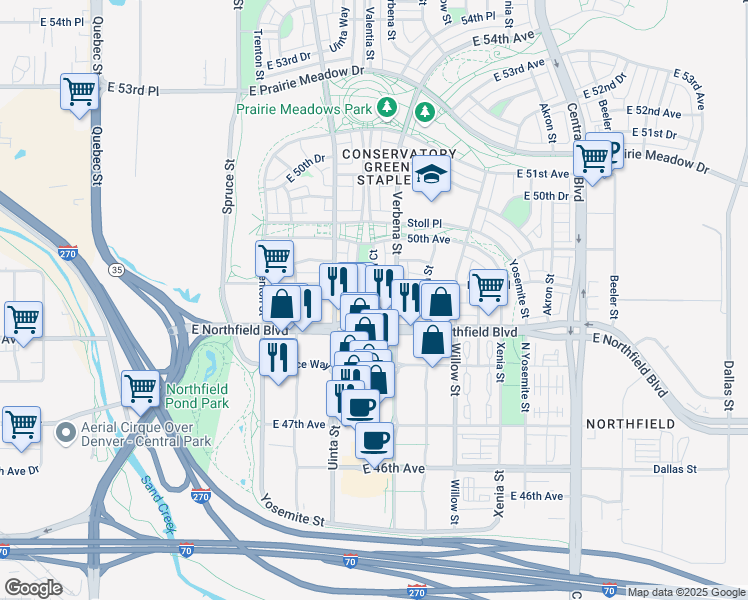map of restaurants, bars, coffee shops, grocery stores, and more near 8283 Northfield Boulevard in Denver