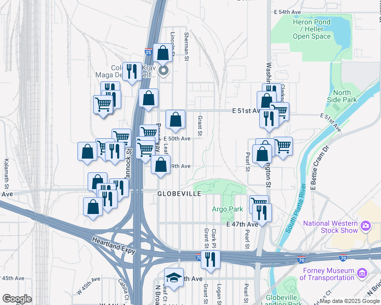 map of restaurants, bars, coffee shops, grocery stores, and more near 4907 Sherman Street in Denver