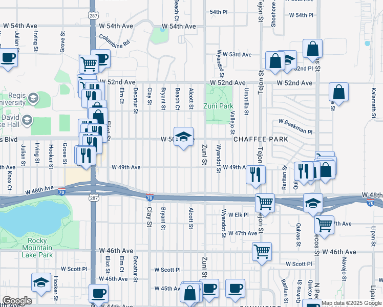 map of restaurants, bars, coffee shops, grocery stores, and more near 4920 Alcott Street in Denver
