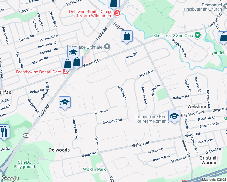map of restaurants, bars, coffee shops, grocery stores, and more near 1714 Gunning Drive in Wilmington