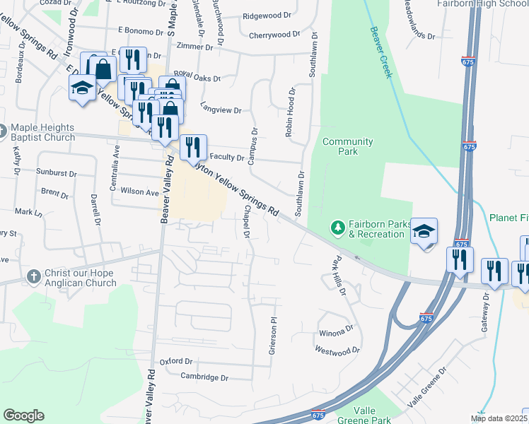 map of restaurants, bars, coffee shops, grocery stores, and more near 2072 Republican Circle in Fairborn