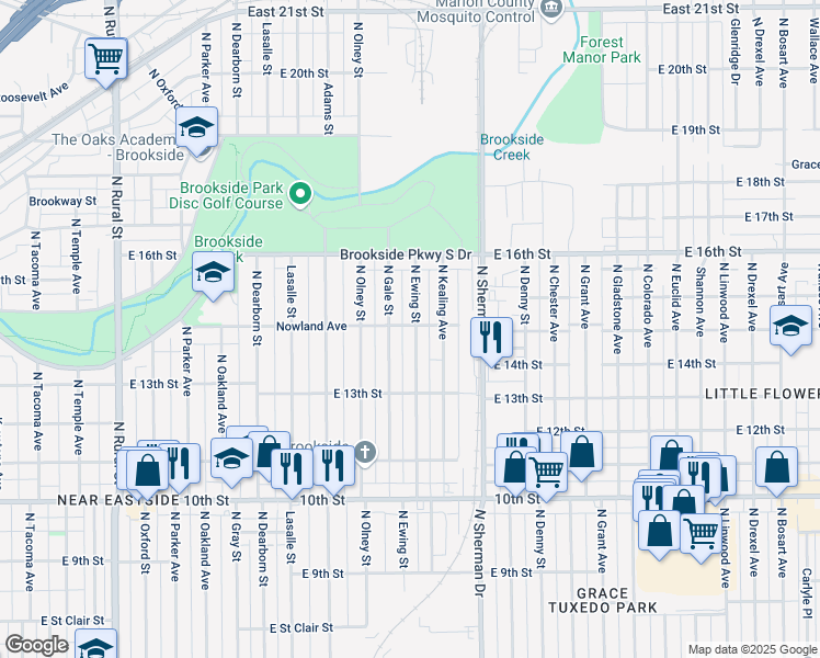 map of restaurants, bars, coffee shops, grocery stores, and more near 1347 North Ewing Street in Indianapolis