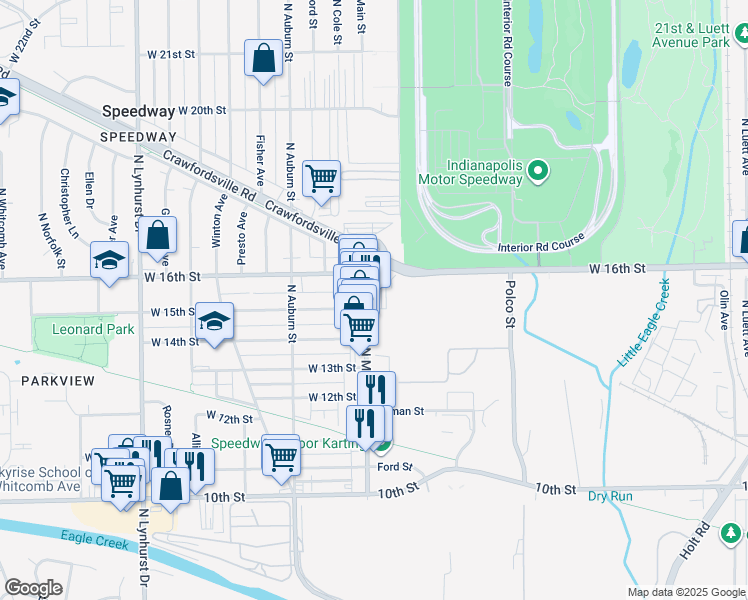 map of restaurants, bars, coffee shops, grocery stores, and more near 1414 North Main Street in Speedway