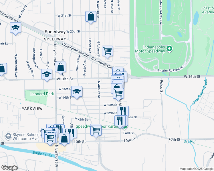 map of restaurants, bars, coffee shops, grocery stores, and more near 4931 West 15th Street in Indianapolis