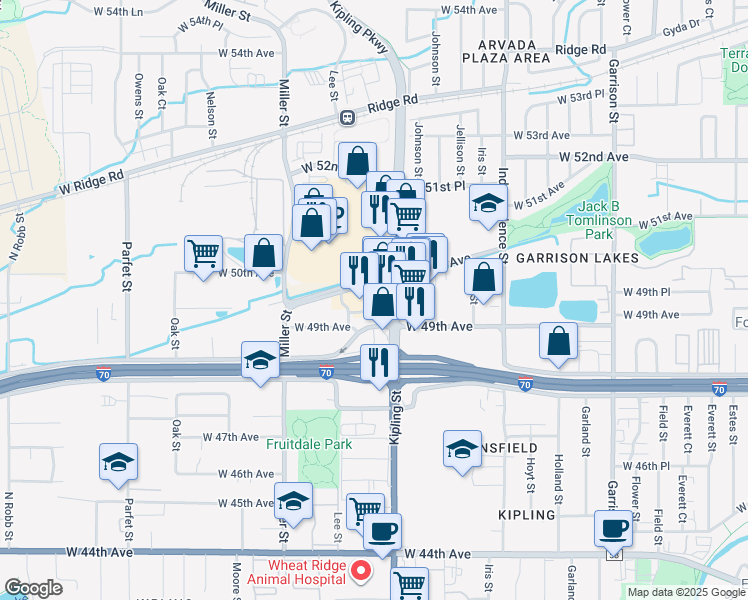 map of restaurants, bars, coffee shops, grocery stores, and more near Blue Grass Terrace in Wheat Ridge