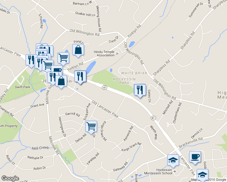 map of restaurants, bars, coffee shops, grocery stores, and more near Delaware 41 in Hockessin