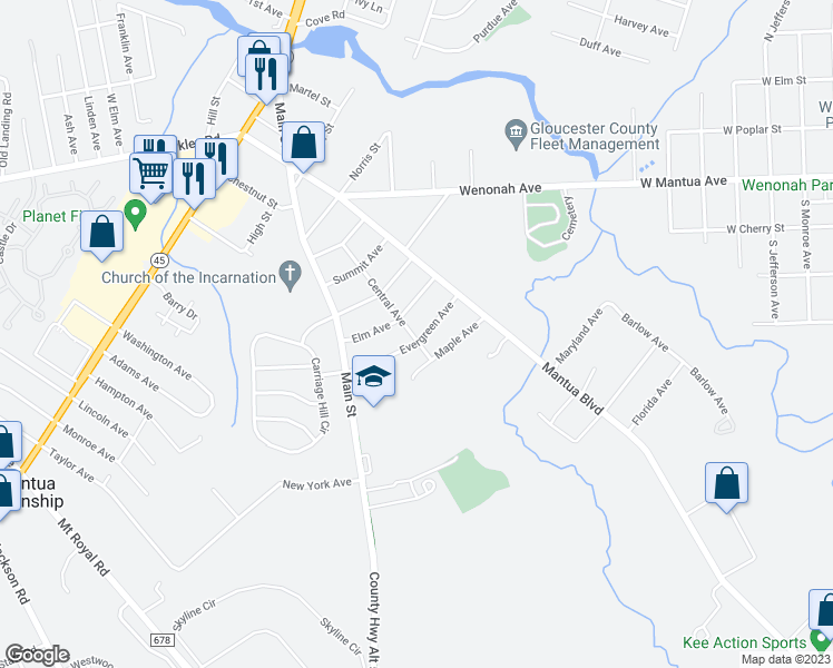 map of restaurants, bars, coffee shops, grocery stores, and more near 246 Evergreen Ave in Mantua