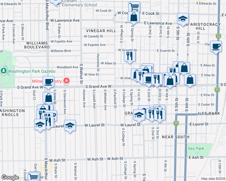 map of restaurants, bars, coffee shops, grocery stores, and more near 1330 South Whittier Avenue in Springfield