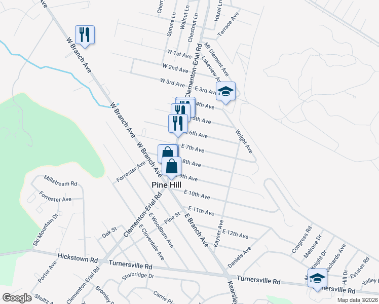 map of restaurants, bars, coffee shops, grocery stores, and more near 33 East 8th Avenue in Pine Hill
