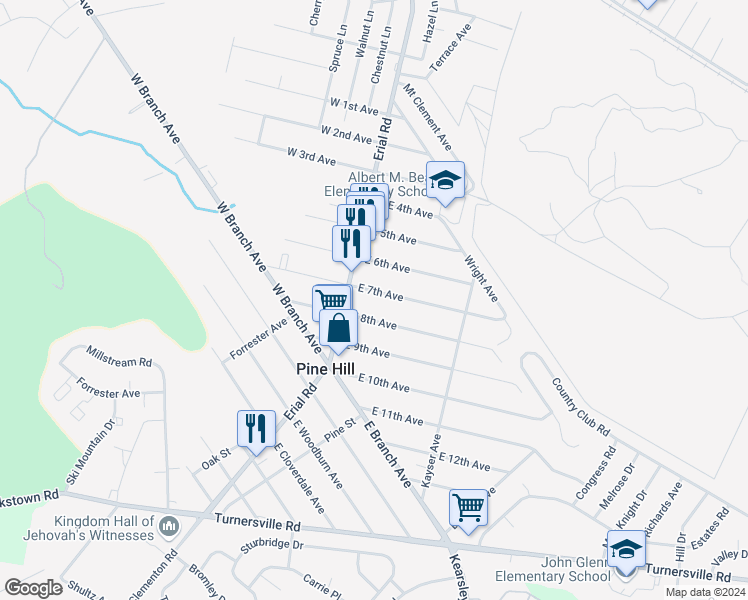 map of restaurants, bars, coffee shops, grocery stores, and more near 16 East 7th Avenue in Pine Hill