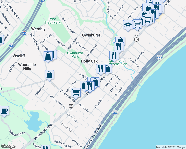 map of restaurants, bars, coffee shops, grocery stores, and more near 15 North Park Drive in Wilmington