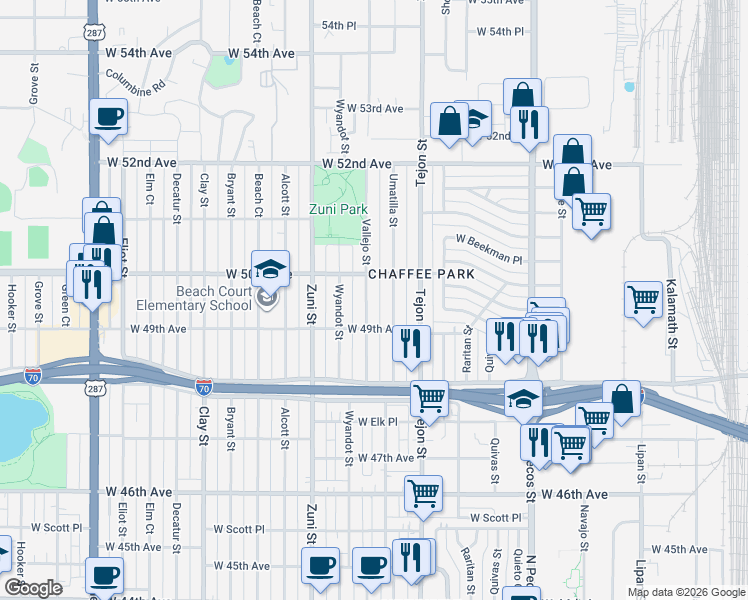 map of restaurants, bars, coffee shops, grocery stores, and more near 4918 Vallejo Street in Denver