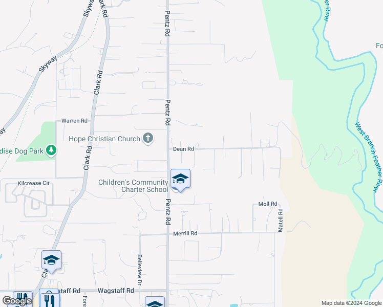 map of restaurants, bars, coffee shops, grocery stores, and more near 1770 Dean Road in Paradise