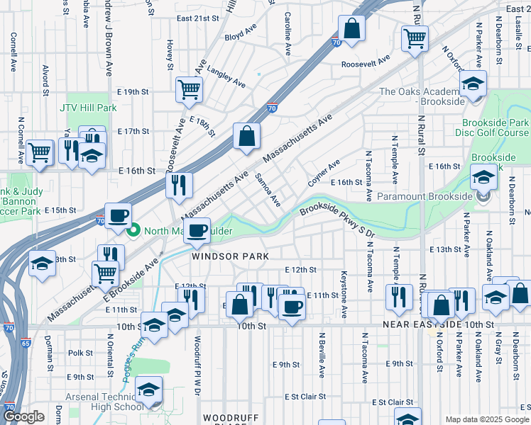 map of restaurants, bars, coffee shops, grocery stores, and more near 2001 Brookside Parkway North Drive in Indianapolis
