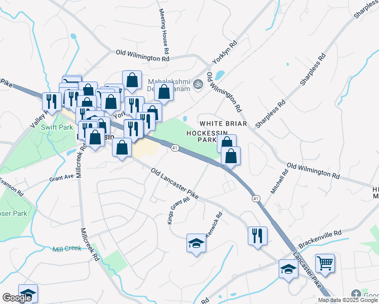 map of restaurants, bars, coffee shops, grocery stores, and more near Delaware 41 in Hockessin