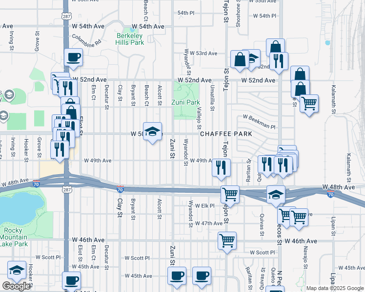 map of restaurants, bars, coffee shops, grocery stores, and more near 4915 Wyandot Street in Denver
