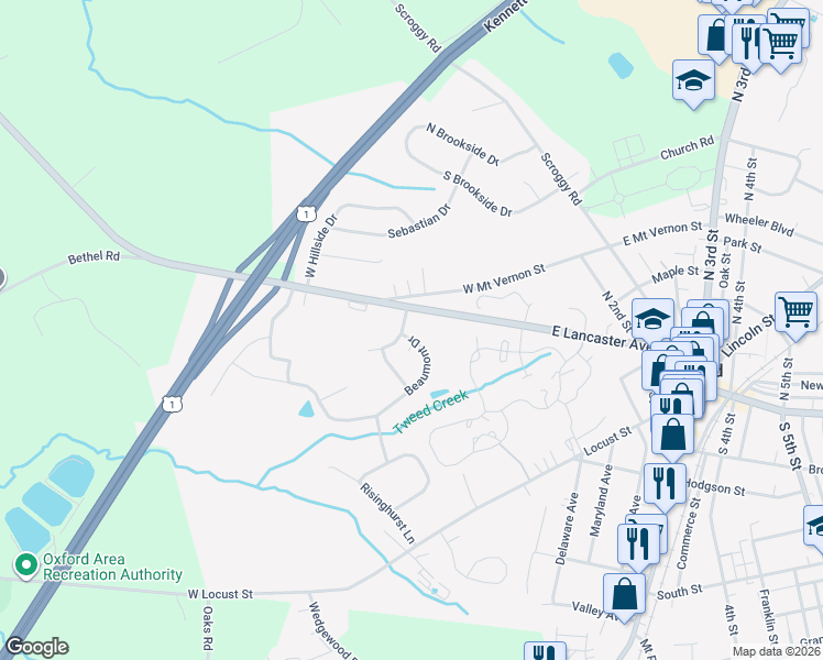 map of restaurants, bars, coffee shops, grocery stores, and more near 205 Beaumont Drive in Oxford
