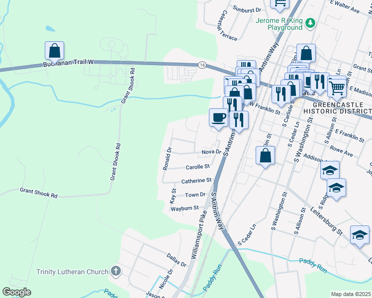 map of restaurants, bars, coffee shops, grocery stores, and more near 359 Nova Drive in Greencastle