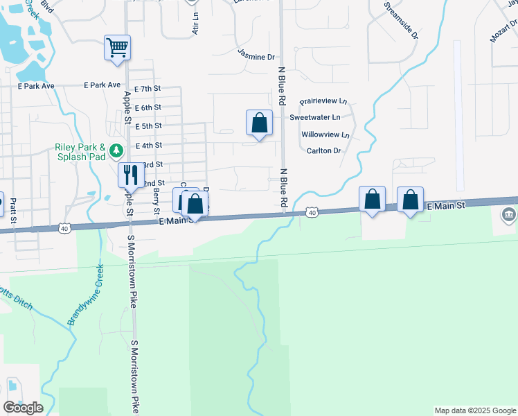 map of restaurants, bars, coffee shops, grocery stores, and more near 1421 East Main Street in Greenfield
