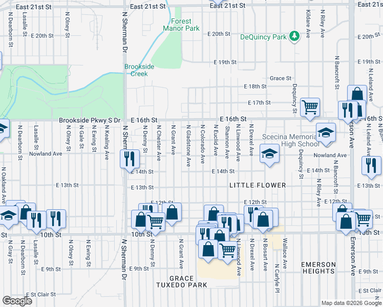 map of restaurants, bars, coffee shops, grocery stores, and more near 1418 North Gladstone Avenue in Indianapolis
