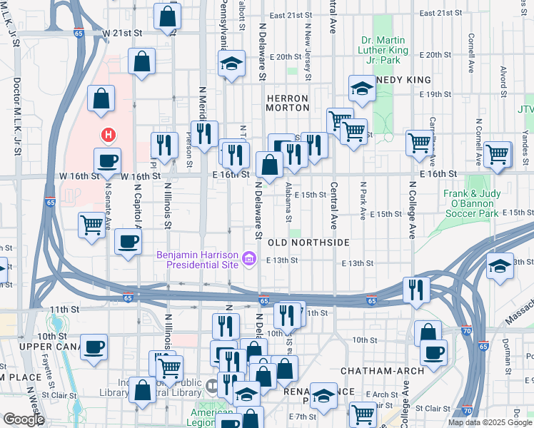 map of restaurants, bars, coffee shops, grocery stores, and more near 1410 North Delaware Street in Indianapolis
