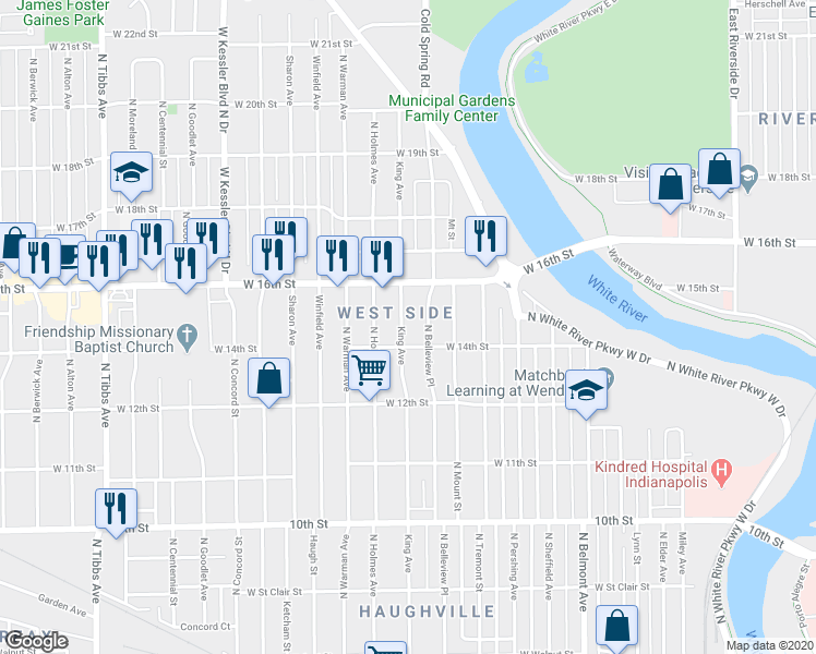 map of restaurants, bars, coffee shops, grocery stores, and more near 1402 North Belleview Place in Indianapolis
