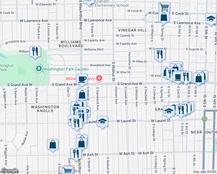 map of restaurants, bars, coffee shops, grocery stores, and more near 1314 South Walnut Street in Springfield
