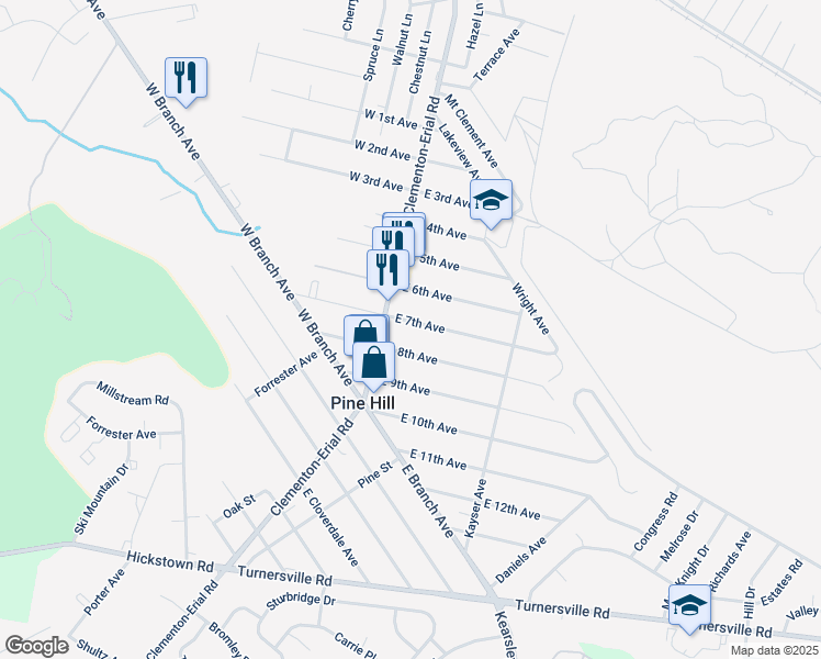 map of restaurants, bars, coffee shops, grocery stores, and more near 16 East 7th Avenue in Pine Hill