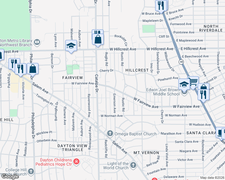 map of restaurants, bars, coffee shops, grocery stores, and more near 2109 Emerson Avenue in Dayton
