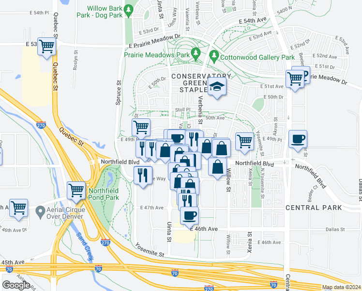 map of restaurants, bars, coffee shops, grocery stores, and more near 4925 Valentia Street in Denver