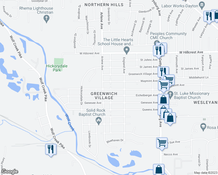 map of restaurants, bars, coffee shops, grocery stores, and more near 4701 Prescott Avenue in Dayton