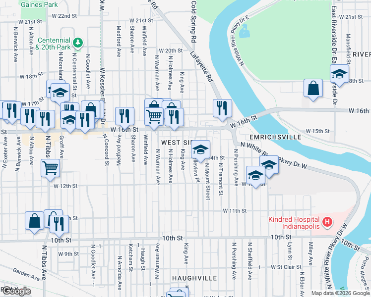 map of restaurants, bars, coffee shops, grocery stores, and more near 1402 North Belleview Place in Indianapolis