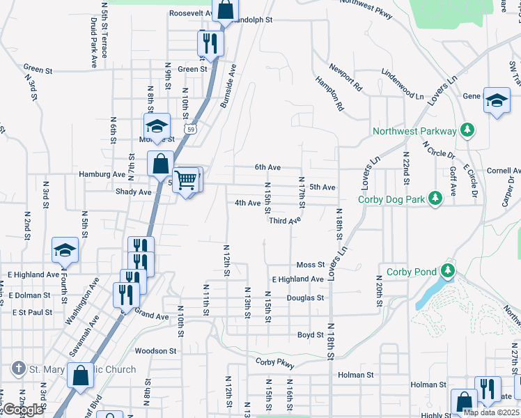 map of restaurants, bars, coffee shops, grocery stores, and more near 2506 North 15th Street in Saint Joseph