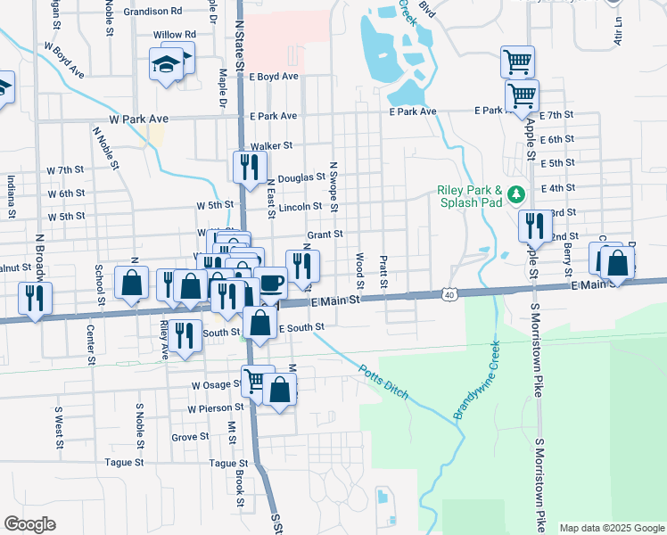 map of restaurants, bars, coffee shops, grocery stores, and more near 325 East North Street in Greenfield