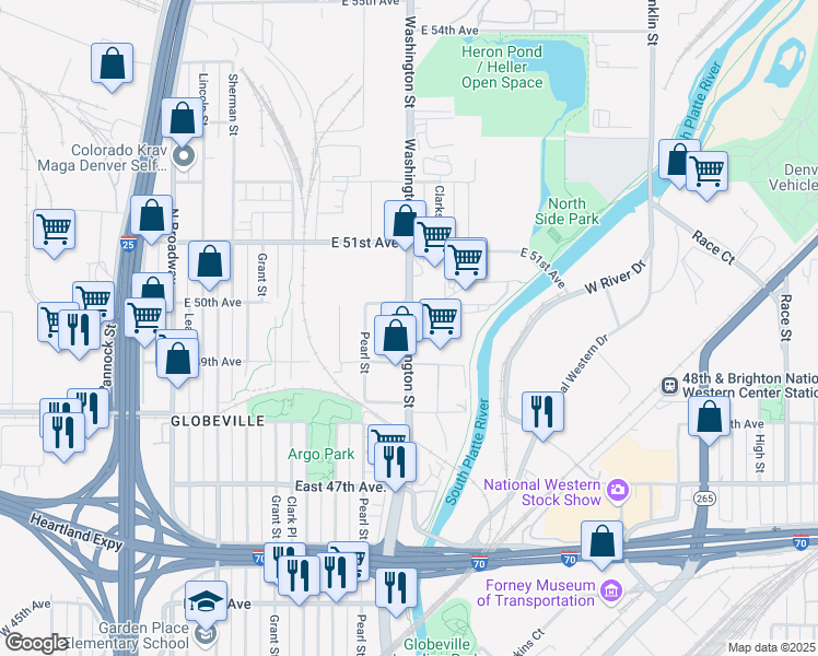 map of restaurants, bars, coffee shops, grocery stores, and more near 4965 Washington Street in Denver