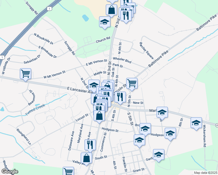 map of restaurants, bars, coffee shops, grocery stores, and more near 45 North 3rd Street in Oxford
