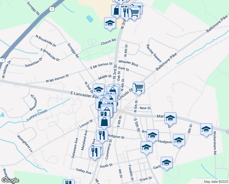 map of restaurants, bars, coffee shops, grocery stores, and more near 45 North 3rd Street in Oxford