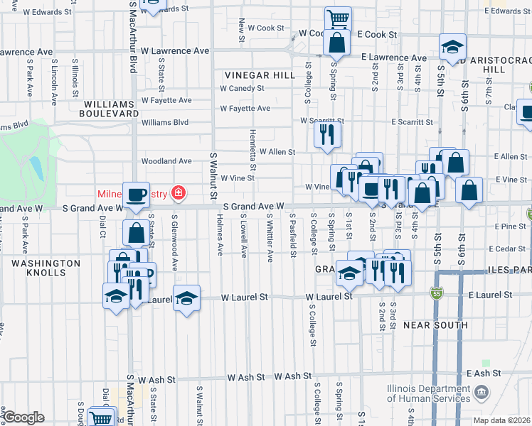 map of restaurants, bars, coffee shops, grocery stores, and more near 1305 D South Whittier Avenue in Springfield