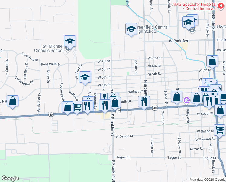 map of restaurants, bars, coffee shops, grocery stores, and more near 985 Walnut Street in Greenfield