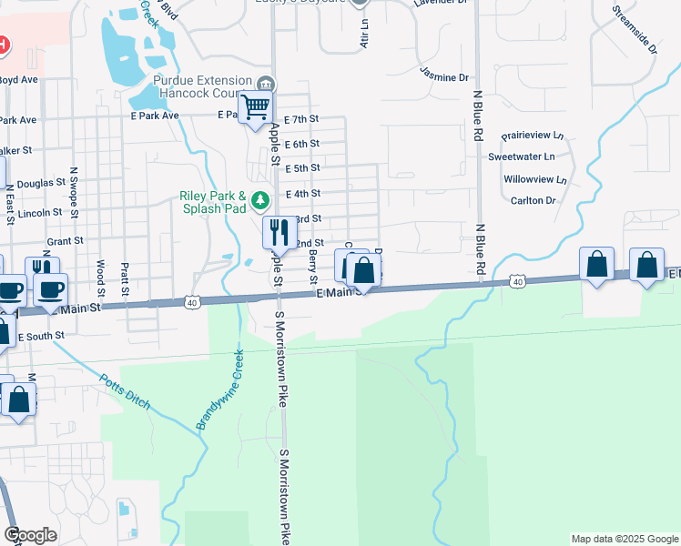 map of restaurants, bars, coffee shops, grocery stores, and more near 1208 East Main Street in Greenfield