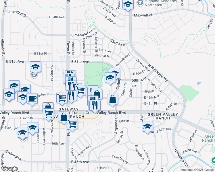 map of restaurants, bars, coffee shops, grocery stores, and more near 4890 Argonne Way in Denver