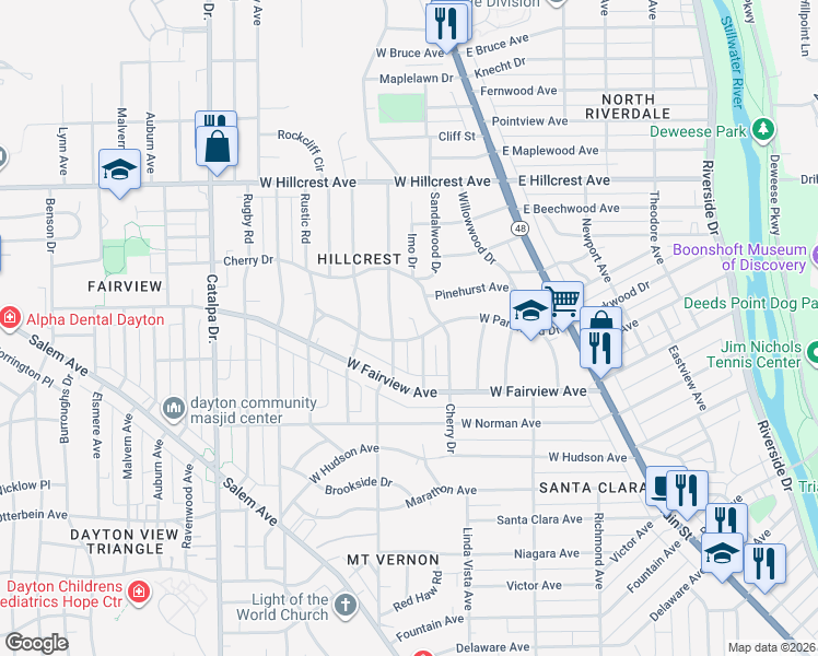 map of restaurants, bars, coffee shops, grocery stores, and more near 43 Marie Avenue in Dayton